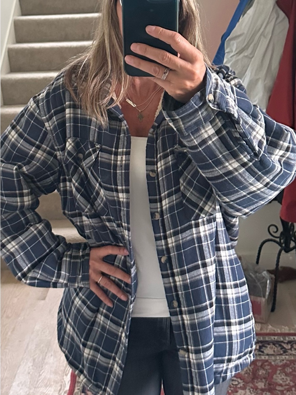 Wrangler Men’s Navy Plaid Button-Front Flannel Shirt Jacket